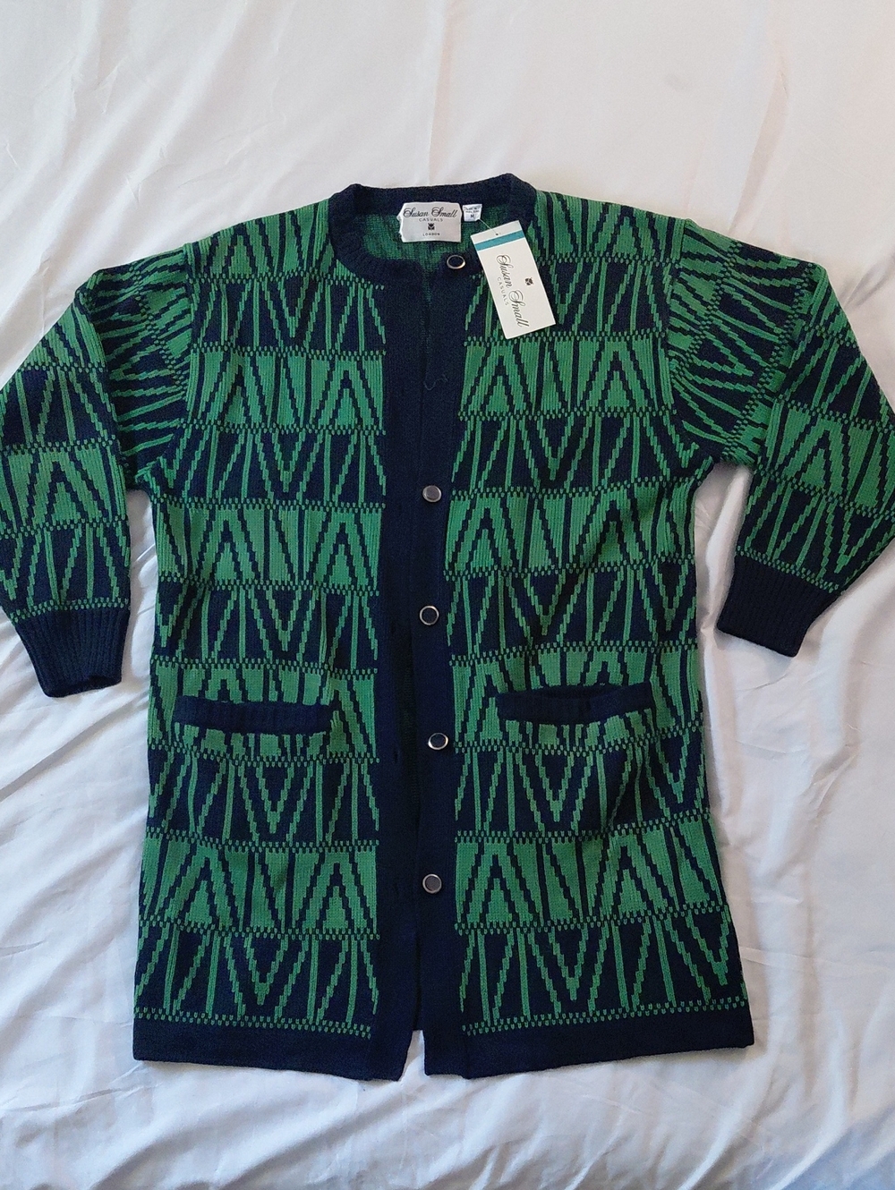 NWT Vintage Susan Small Knit Navy Blue Kelly Green Geometric Longline Cardigan M